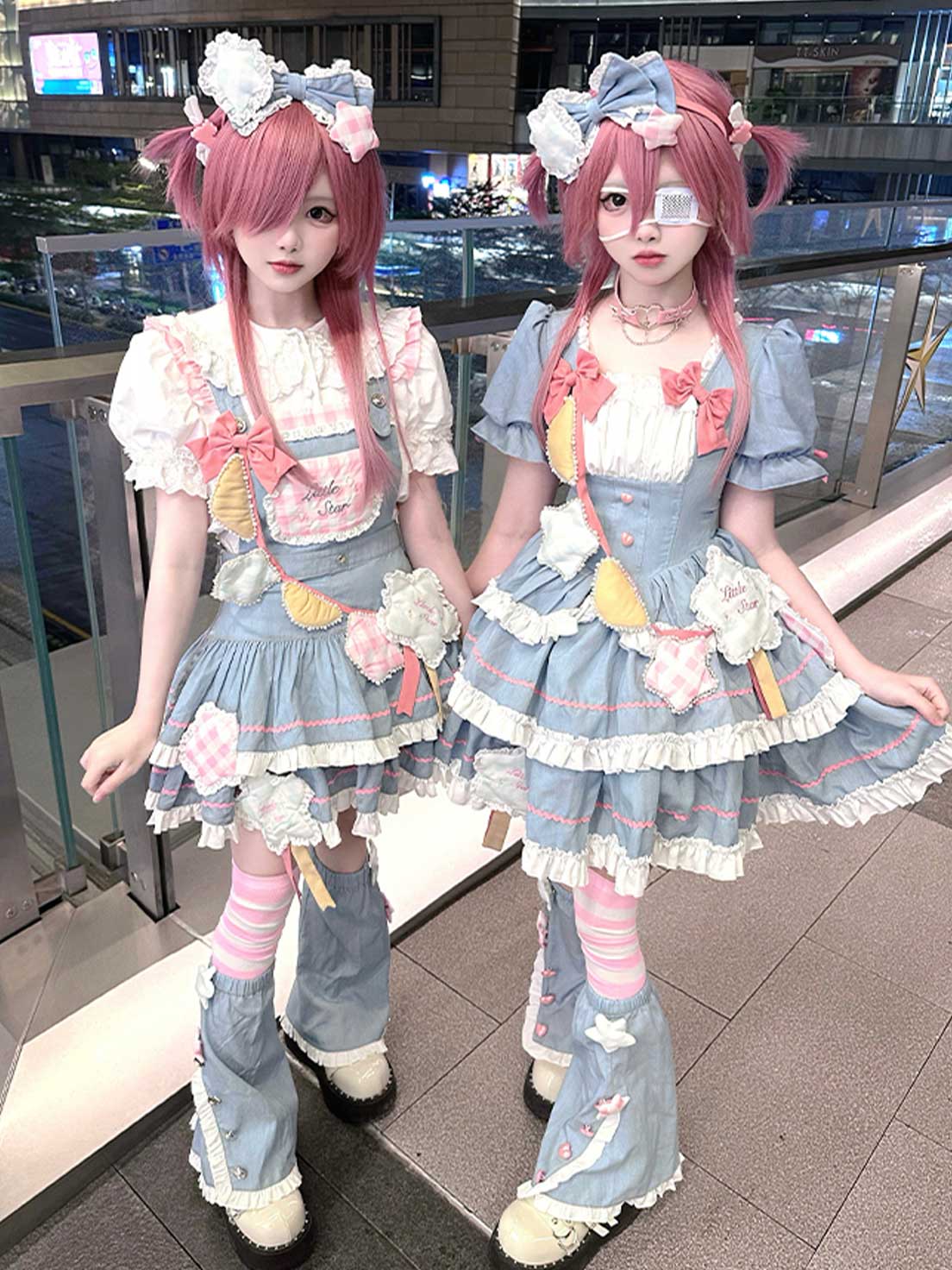 Sweet Lolita Ruffles Denim Patchwork Jumpsuit Cake Dress Summer