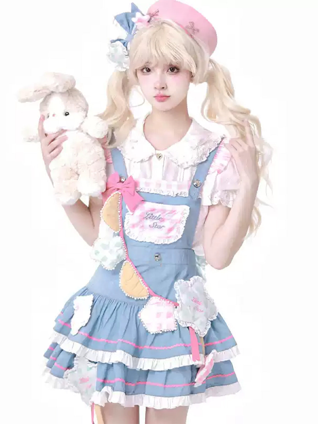 Sweet Lolita Ruffles Denim Patchwork Jumpsuit Cake Dress Summer