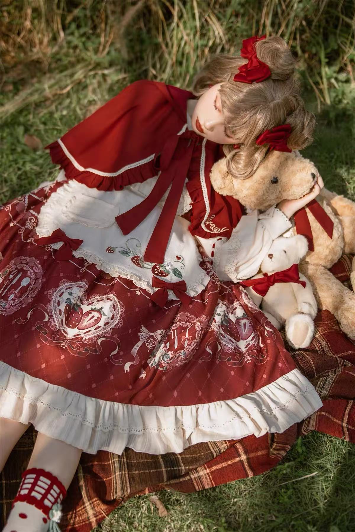 Sweet Lolita Set Red OP Dress with Strawberry Bow Accents Christmas Party Outfit