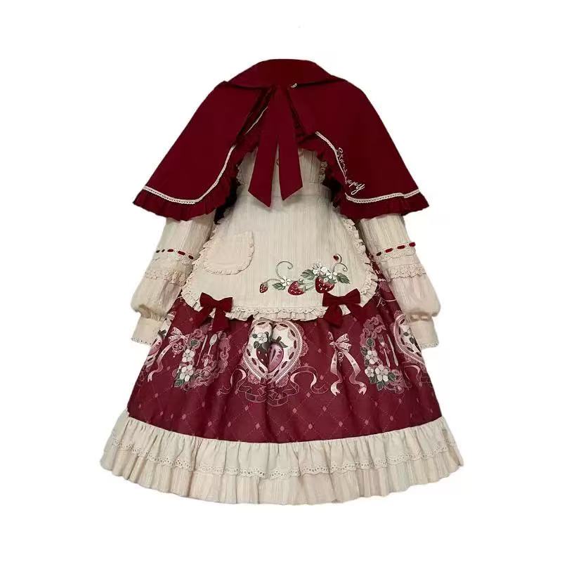 Sweet Lolita Set Red OP Dress with Strawberry Bow Accents Christmas Party Outfit