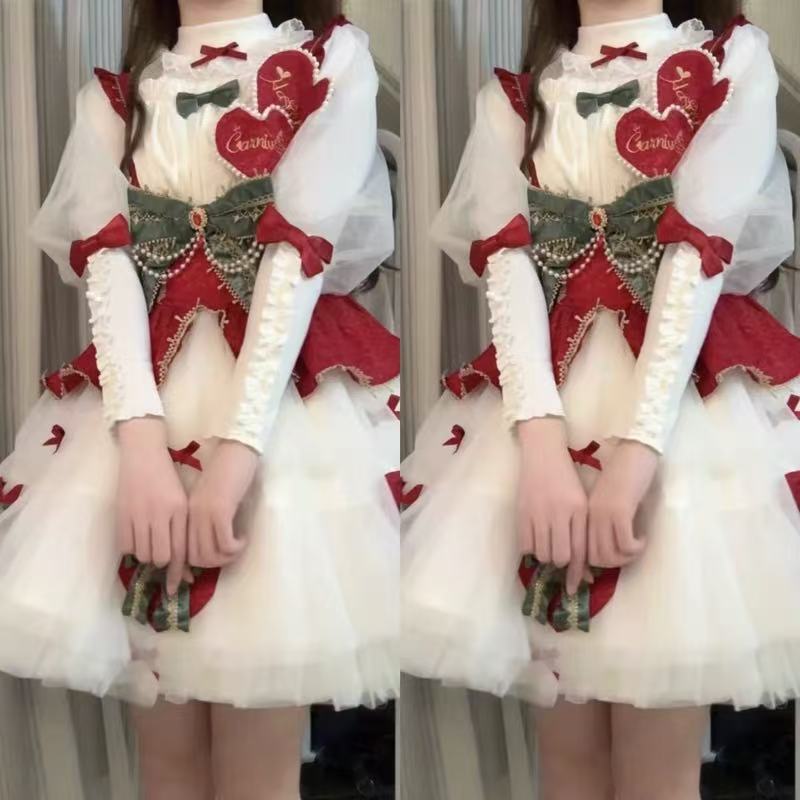 Sweet Lolita Set White Red Accent Outfit Top with Dress Christmas New Year Winter Style