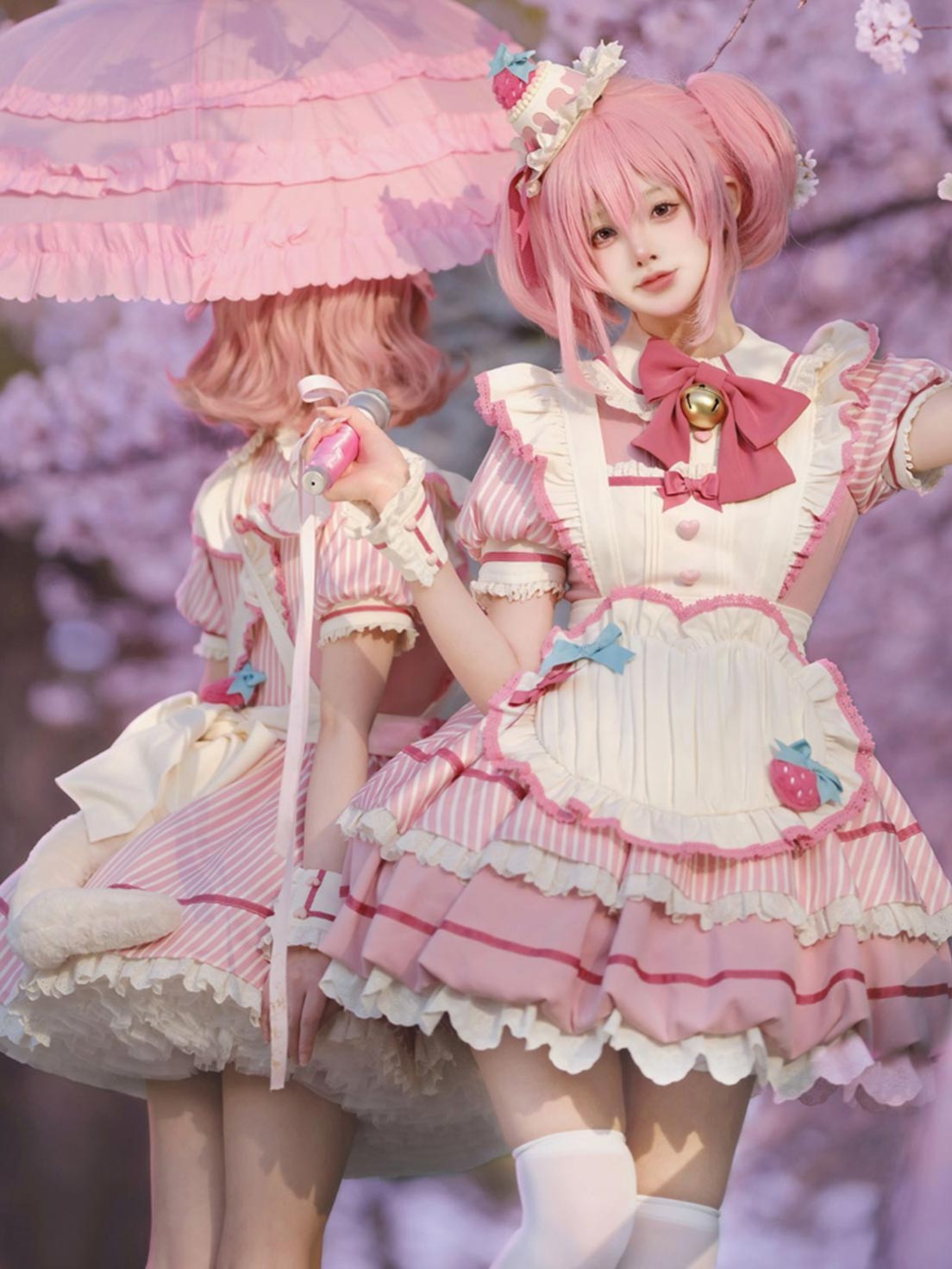 Sweet Lolita Striped Bow Soft Toned Dress Ruffle Pink Cake Dress