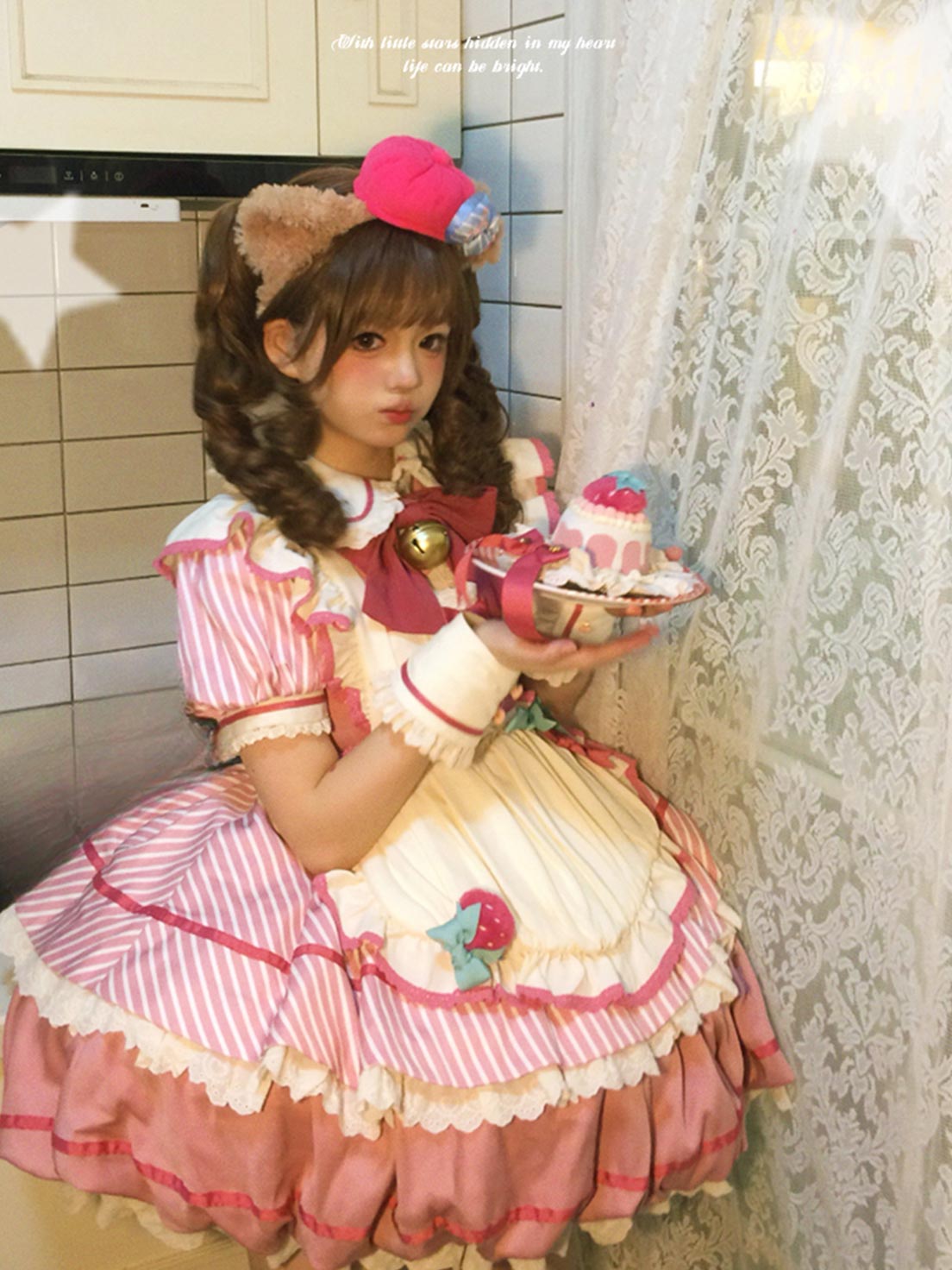 Sweet Lolita Striped Bow Soft Toned Dress Ruffle Pink Cake Dress