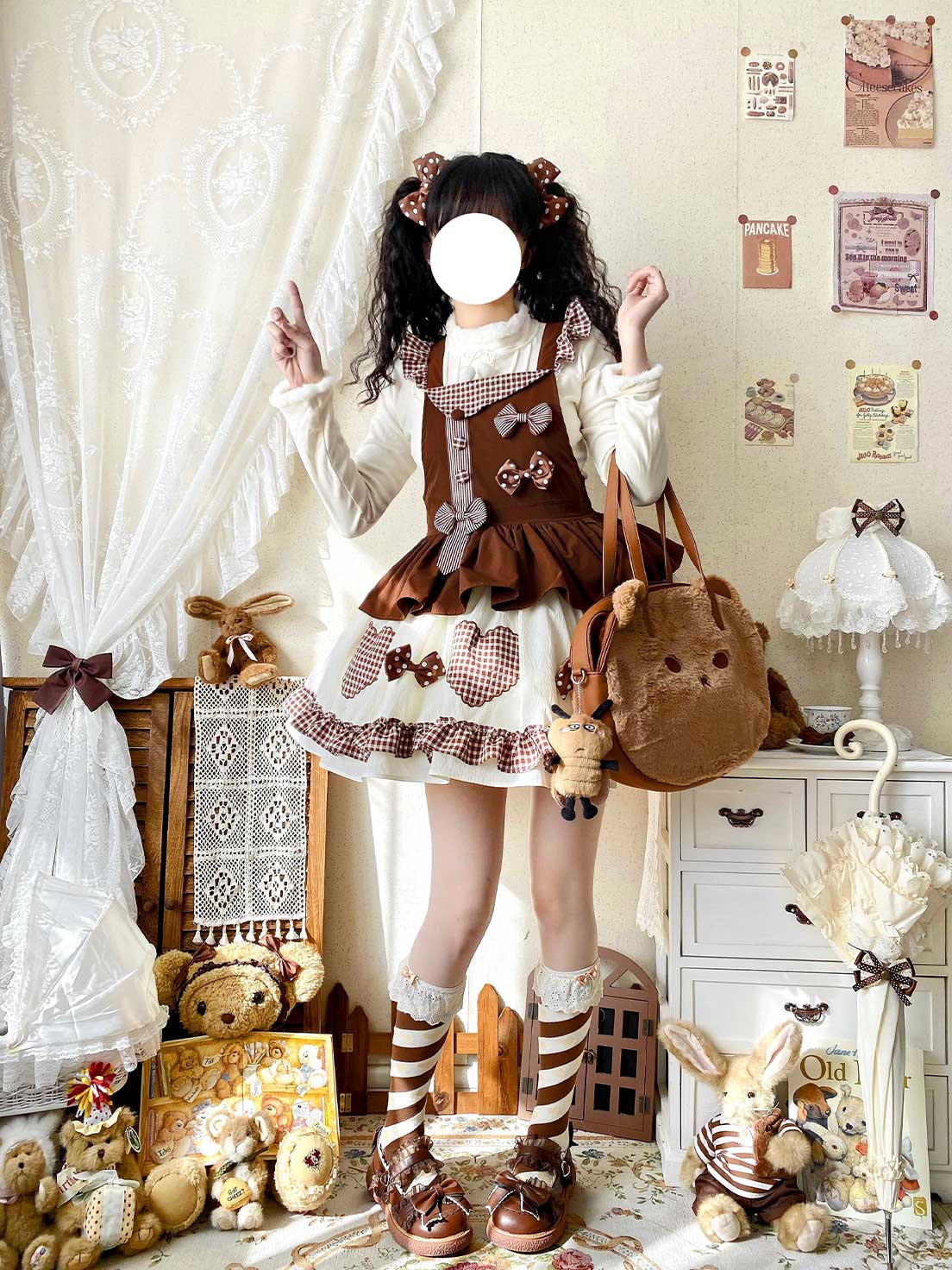 Sweet Lolita Tea Party Fashion Gingham Chocolate Accent Bow Dress Cake Dress