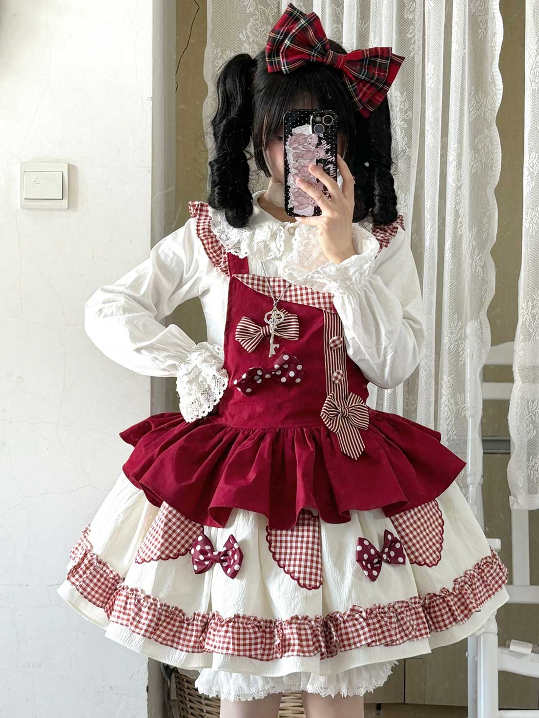 Sweet Lolita Tea Party Fashion Gingham Red Accent Bow Dress Cake Dress