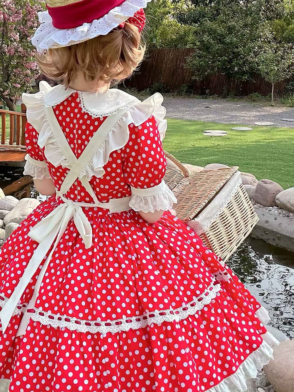 Sweet Lolita Tea Party Fashion Maid outfit Red Strawberry Bow Accented Polka Dot Apron Dress
