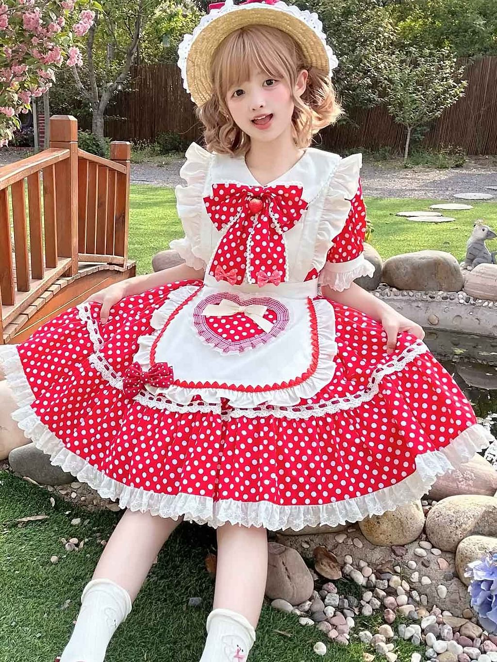 Sweet Lolita Tea Party Fashion Maid outfit Red Strawberry Bow Accented Polka Dot Apron Dress