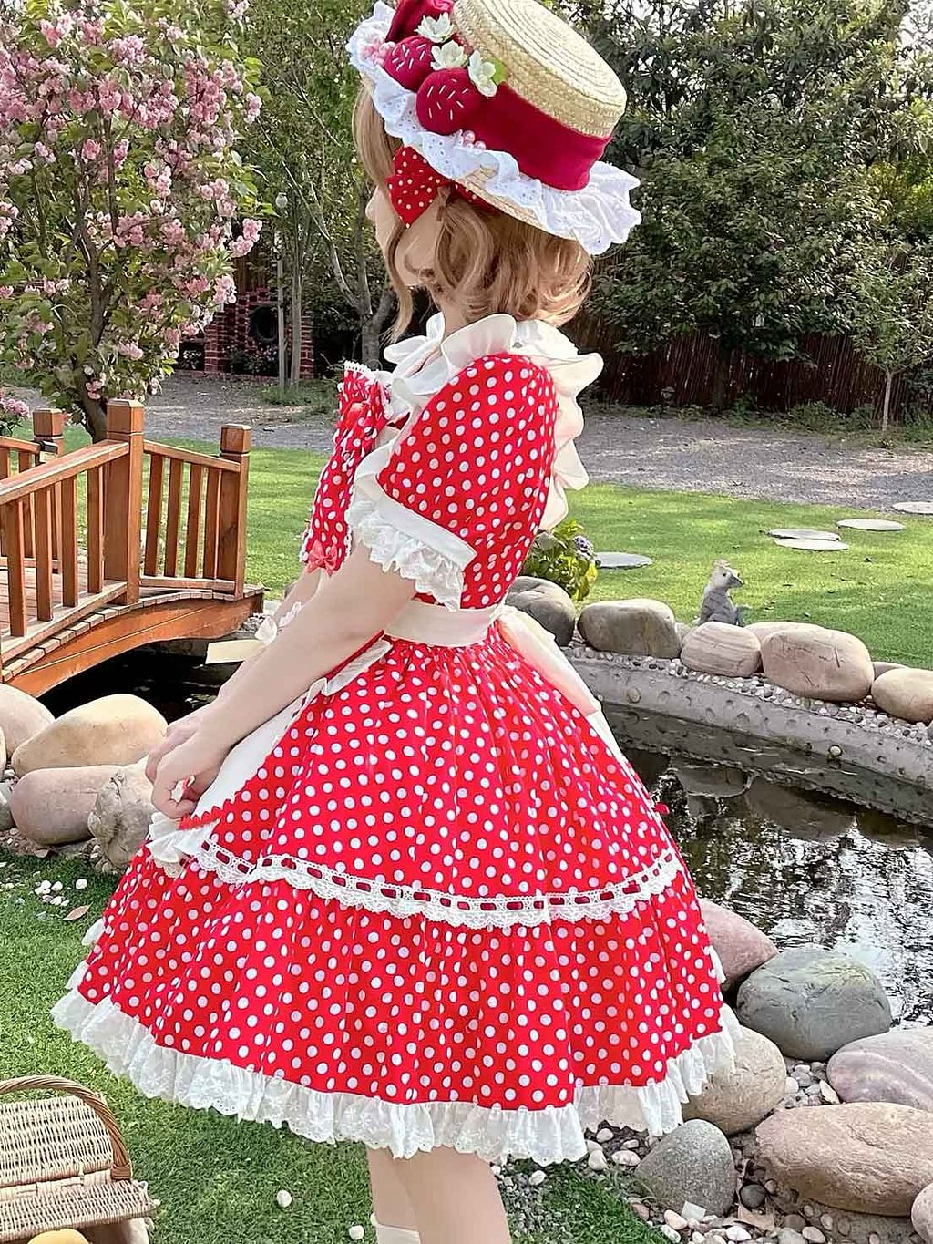 Sweet Lolita Tea Party Fashion Maid outfit Red Strawberry Bow Accented Polka Dot Apron Dress