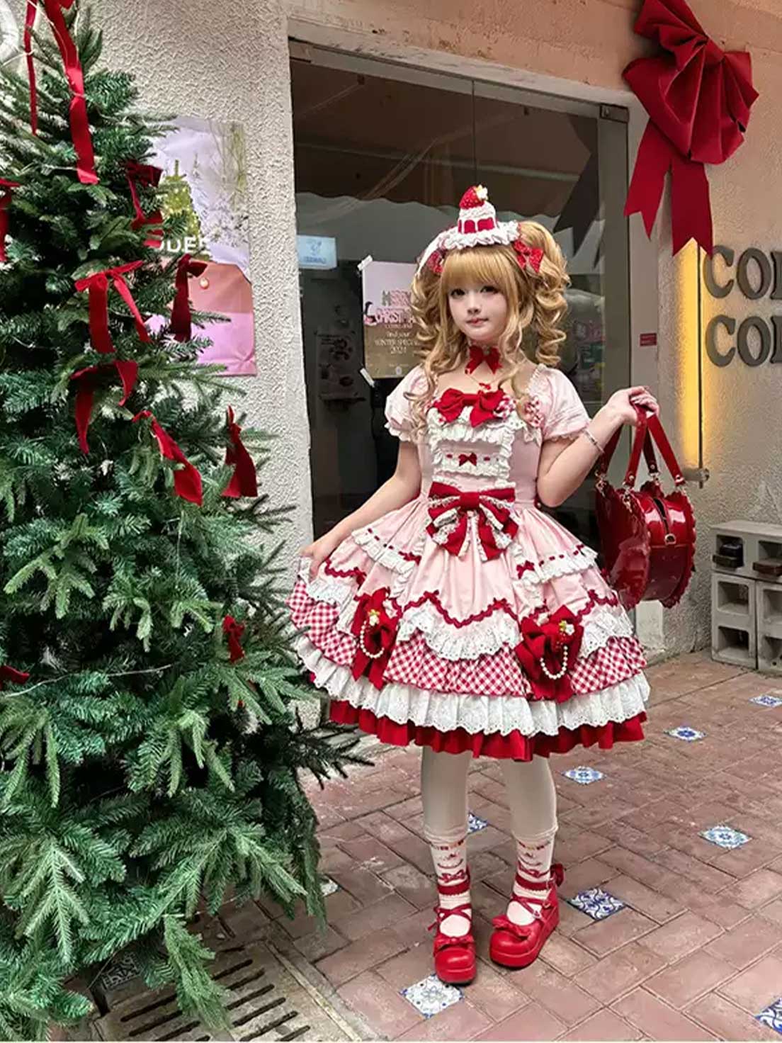 Sweet Lolita Tea Party Fashion Pink Ruffled Checkered Decorative Dress Cake Dress