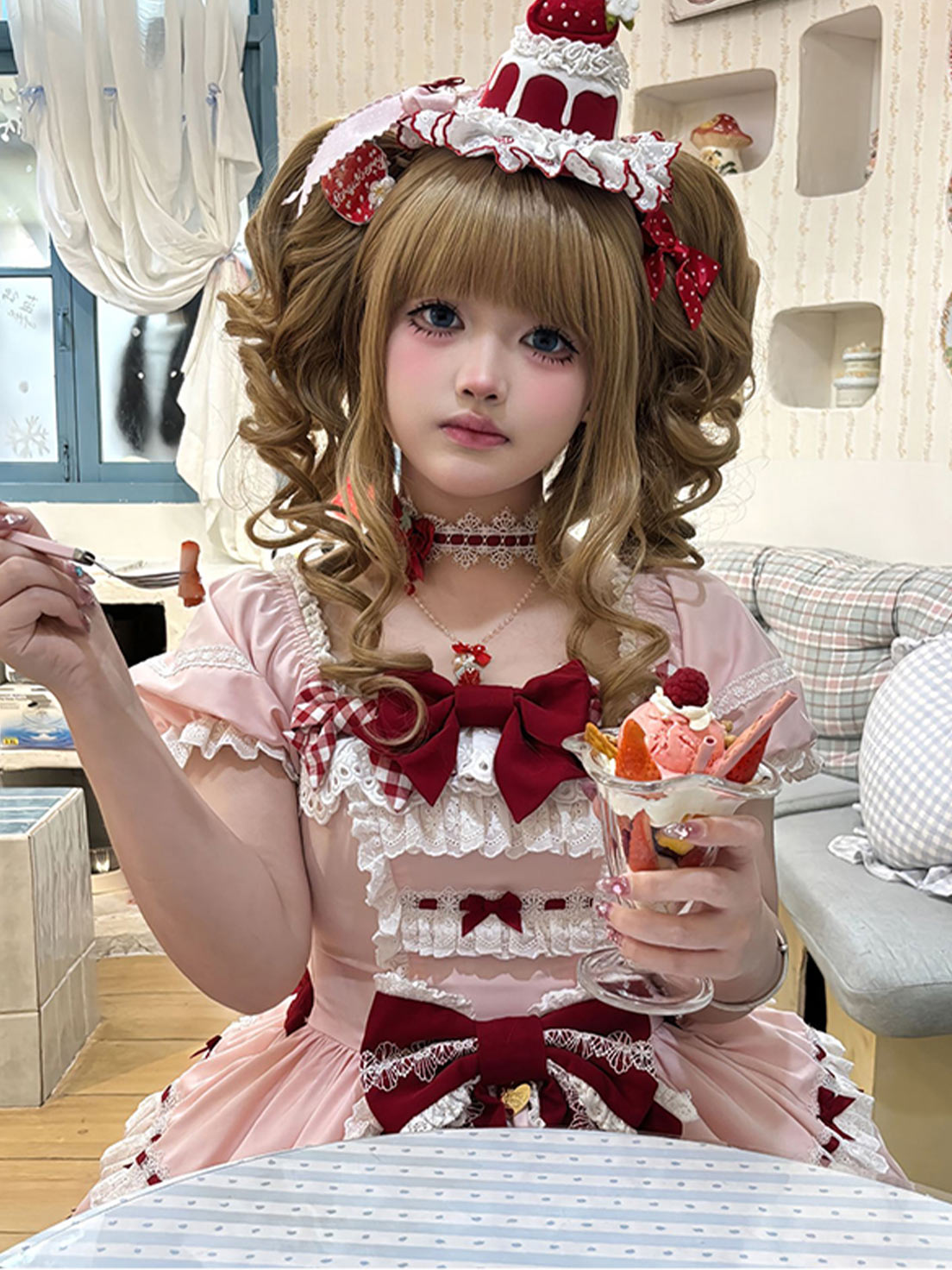 Sweet Lolita Tea Party Fashion Pink Ruffled Checkered Decorative Dress Cake Dress