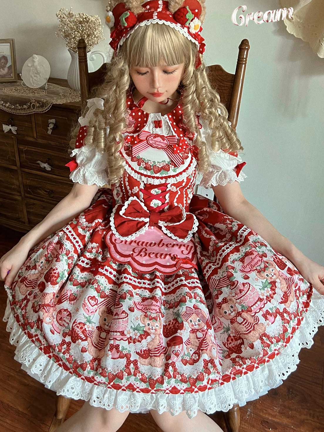 Sweet Lolita Tea Party Fashion Red Strawberry Bear Printed Red Dress