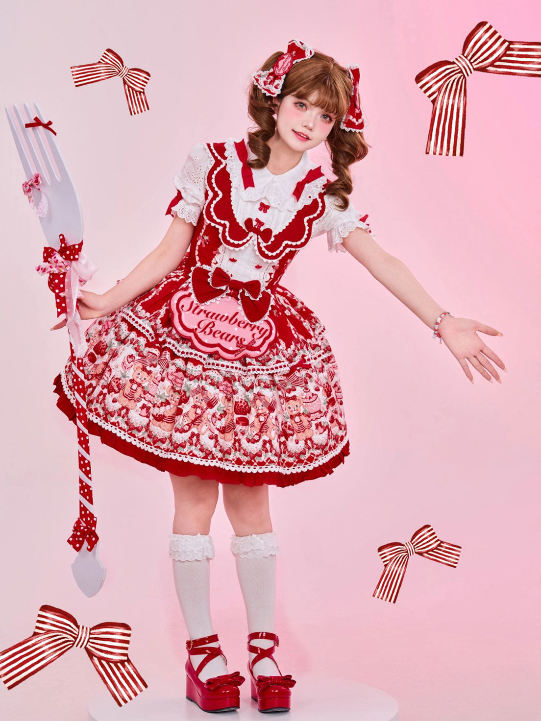 Sweet Lolita Tea Party Fashion Red Strawberry Bear Printed Red Dress