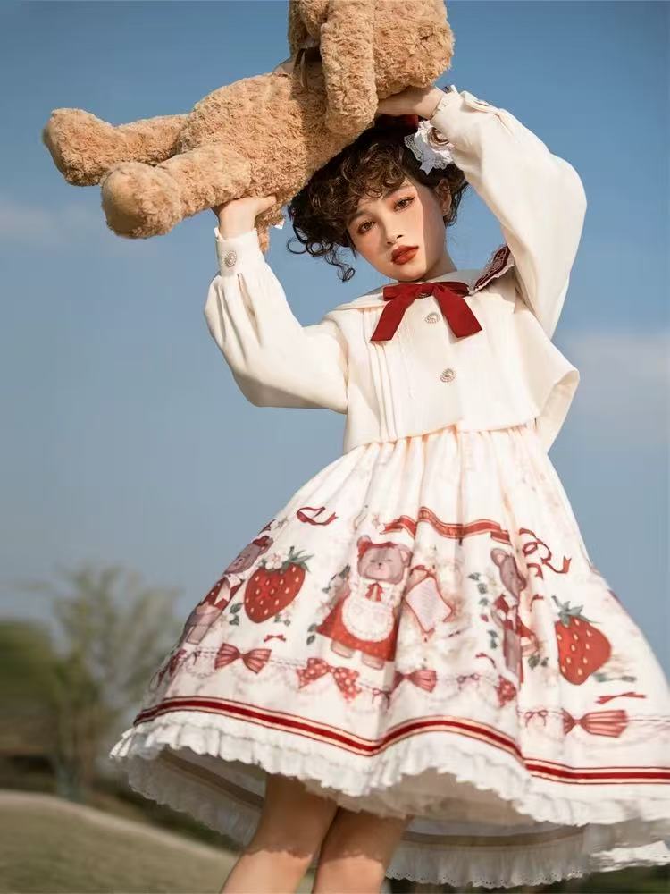 Sweet Lolita Winter Outfit Fluffy Cape Embroidered Bow Cute Two-Piece Dress Set