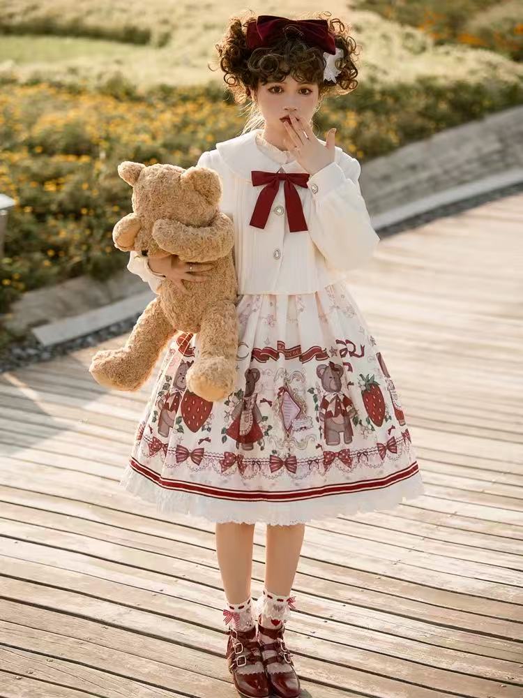 Sweet Lolita Winter Outfit Fluffy Cape Embroidered Bow Cute Two-Piece Dress Set