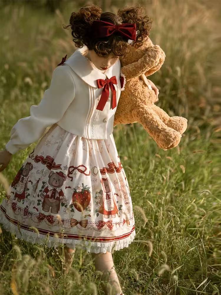 Sweet Lolita Winter Outfit Fluffy Cape Embroidered Bow Cute Two-Piece Dress Set