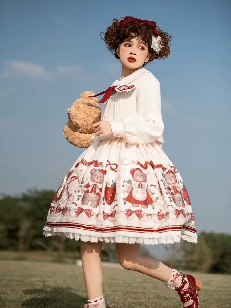 Sweet Lolita Winter Outfit Fluffy Cape Embroidered Bow Cute Two-Piece Dress Set