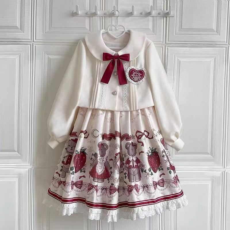 Sweet Lolita Winter Outfit Fluffy Cape Embroidered Bow Cute Two-Piece Dress Set