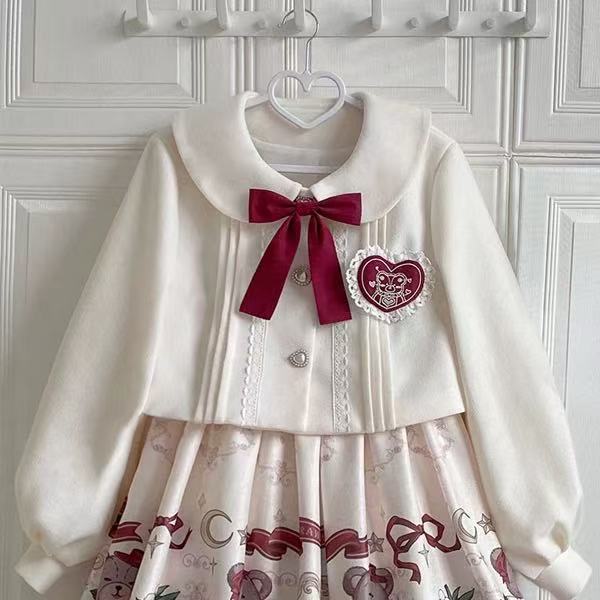 Sweet Lolita Winter Outfit Fluffy Cape Embroidered Bow Cute Two-Piece Dress Set