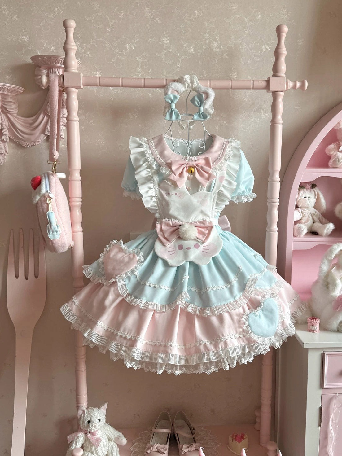 Sweet Tea Girl Sweet Lolita Pleats Decorative Soft Toned Blue Pink Dress Ice Cream Cake Dress