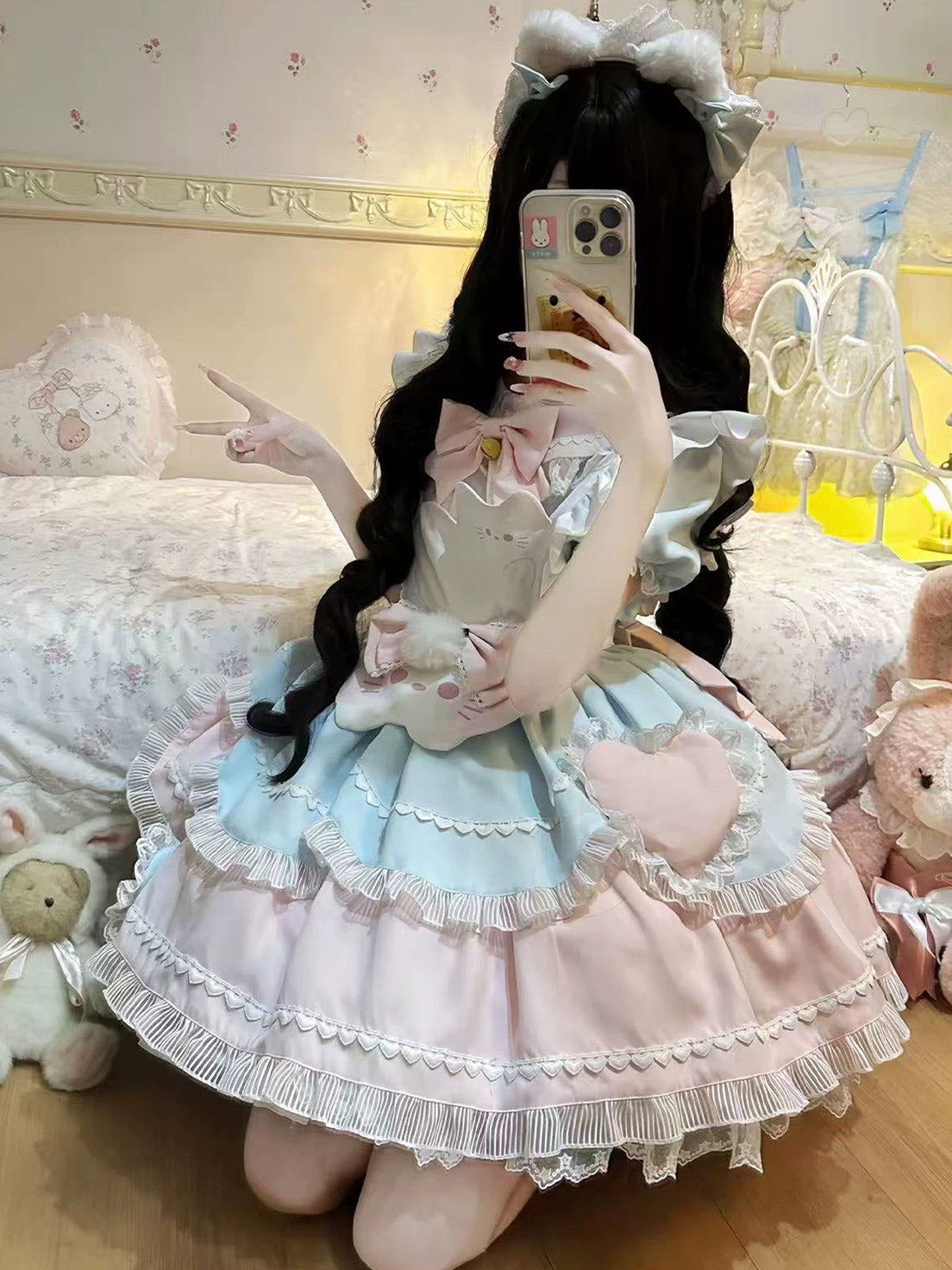 Sweet Tea Girl Sweet Lolita Pleats Decorative Soft Toned Blue Pink Dress Ice Cream Cake Dress