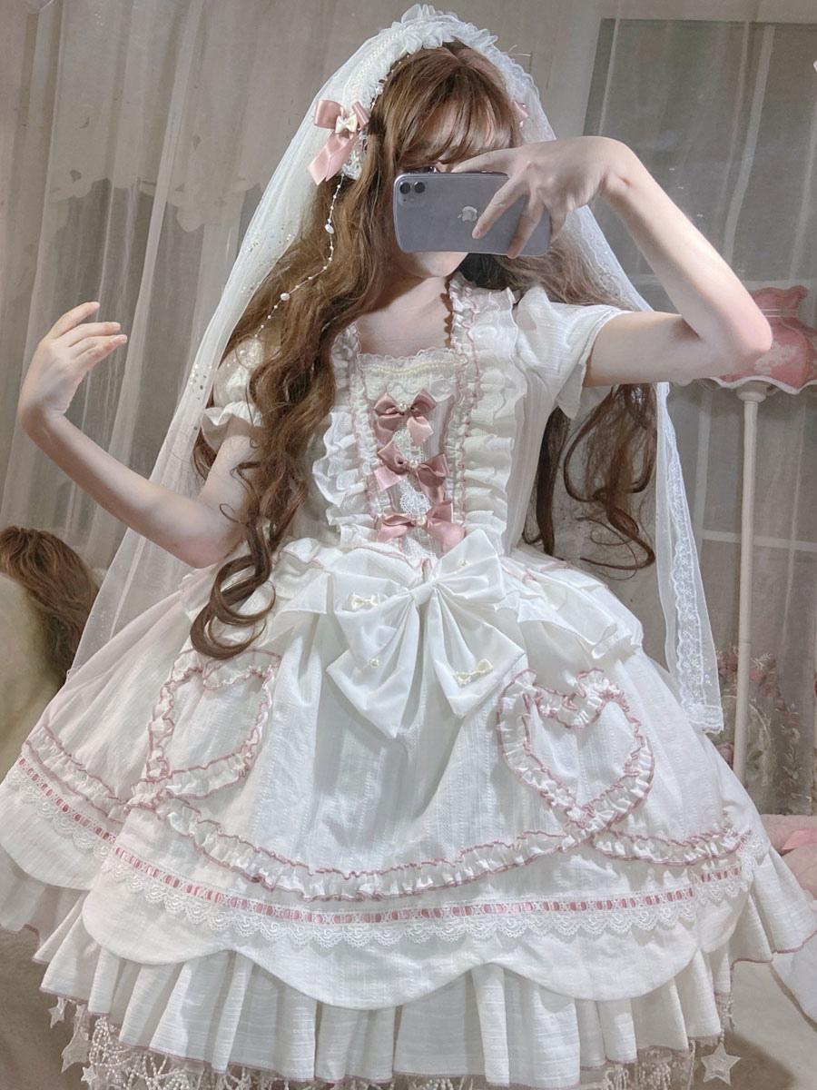 Hime Lolita White Wedding Bridal Veil Bow Jacquard Cotton Removable Sleeve Outfit