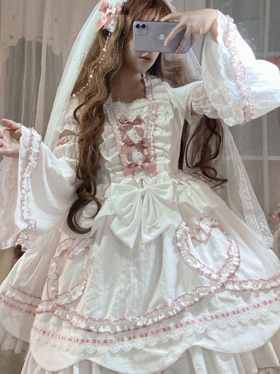 Hime Lolita White Wedding Bridal Veil Bow Jacquard Cotton Removable Sleeve Outfit
