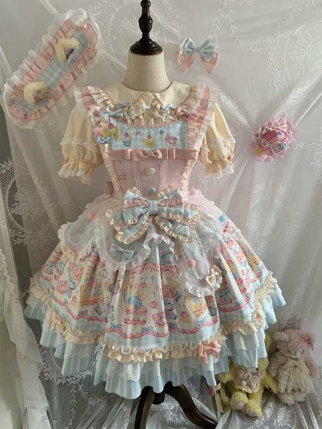 Sweetheart Meow Fruit Sweet Lolita Pastel Print Ruffle Dress Cake Dress