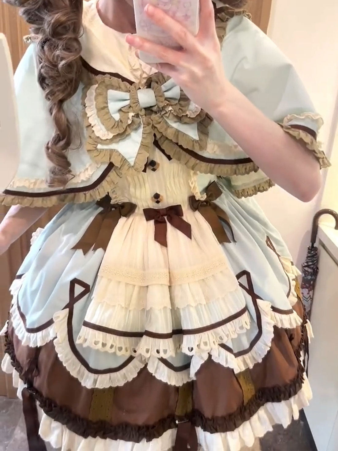 Sweet Lolita Tea Party Fashion Chocolate Mint Brown Layer Apron Cake Dress
