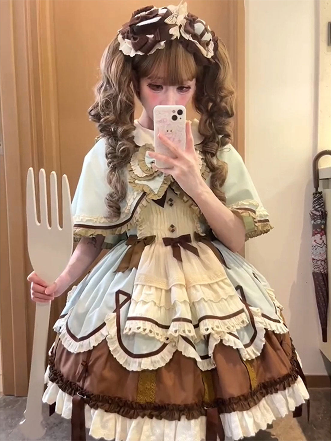 Sweet Lolita Tea Party Fashion Chocolate Mint Brown Layer Apron Cake Dress