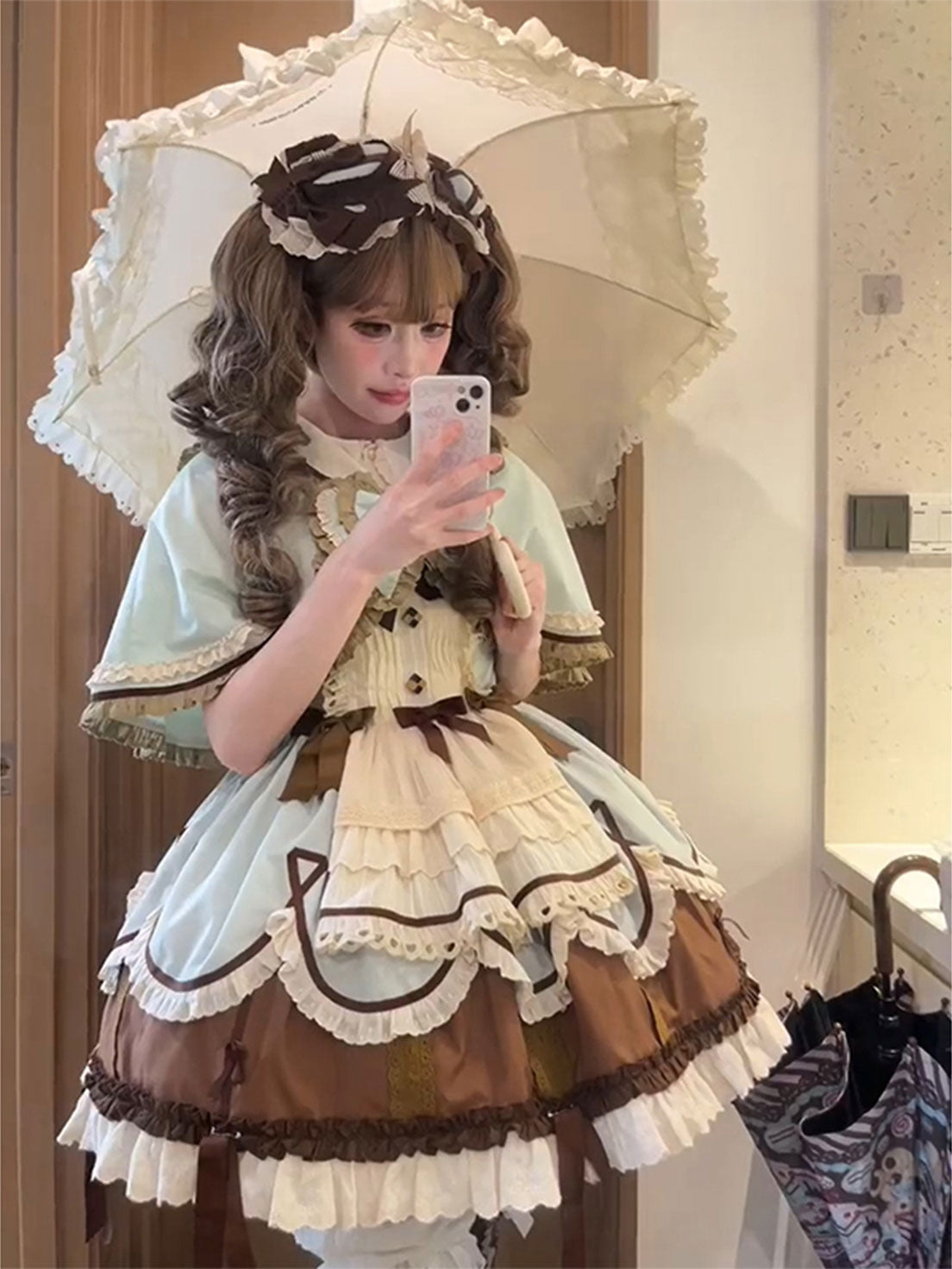 Sweet Lolita Tea Party Fashion Chocolate Mint Brown Layer Apron Cake Dress