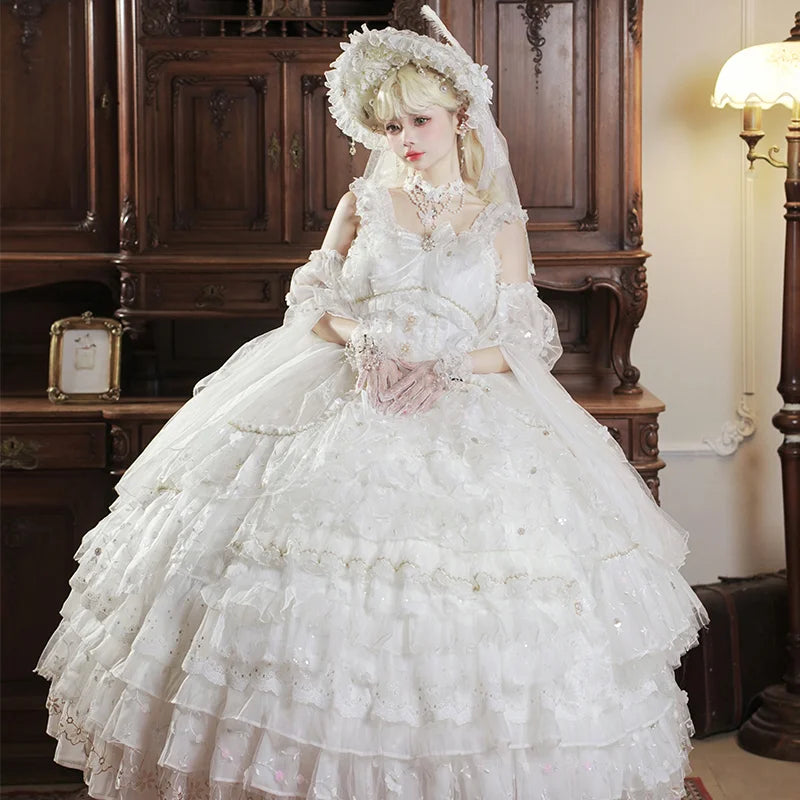 Hime Lolita Tea Party Fashion Flower White Gorgeous Girl Chiffon Jsk Dress Long Elegant High-end One Piece Dress