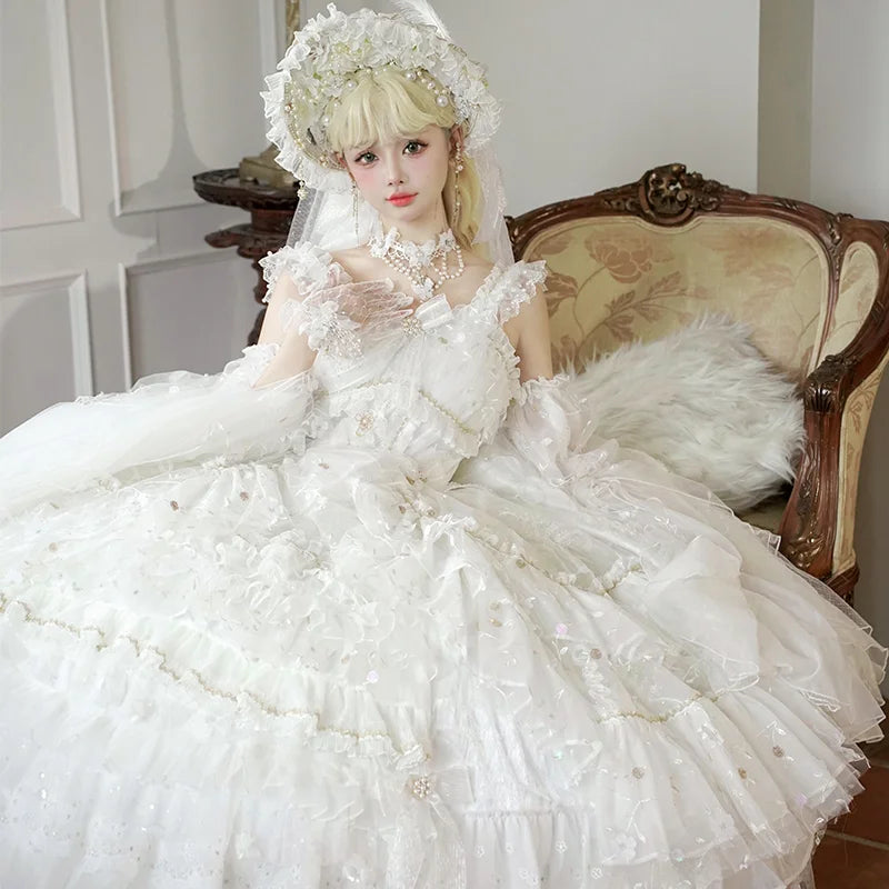 Hime Lolita Tea Party Fashion Flower White Gorgeous Girl Chiffon Jsk Dress Long Elegant High-end One Piece Dress