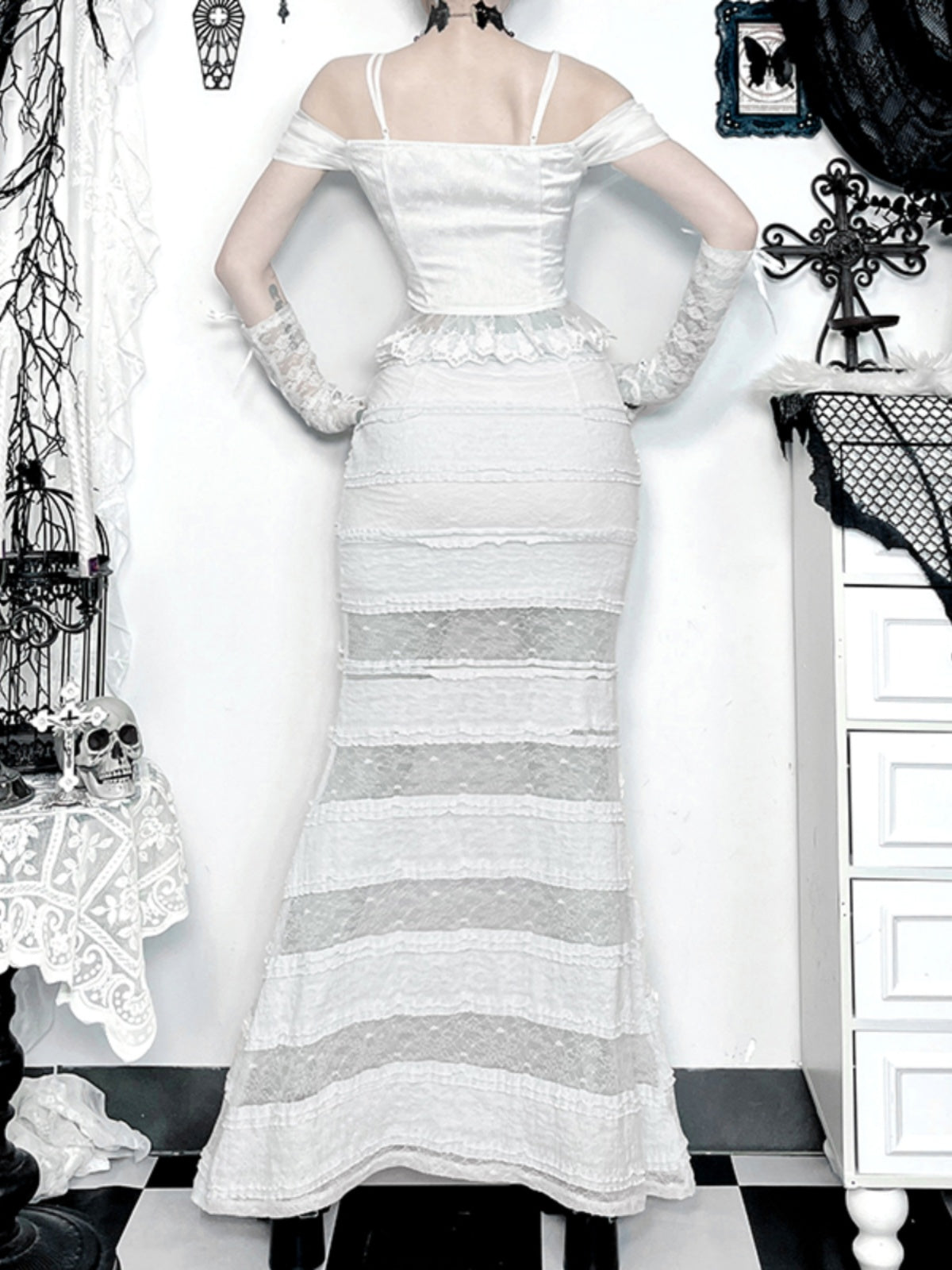 White Goth Dress Suit Women's Top Lace Fishtail Skirt Top Blouse