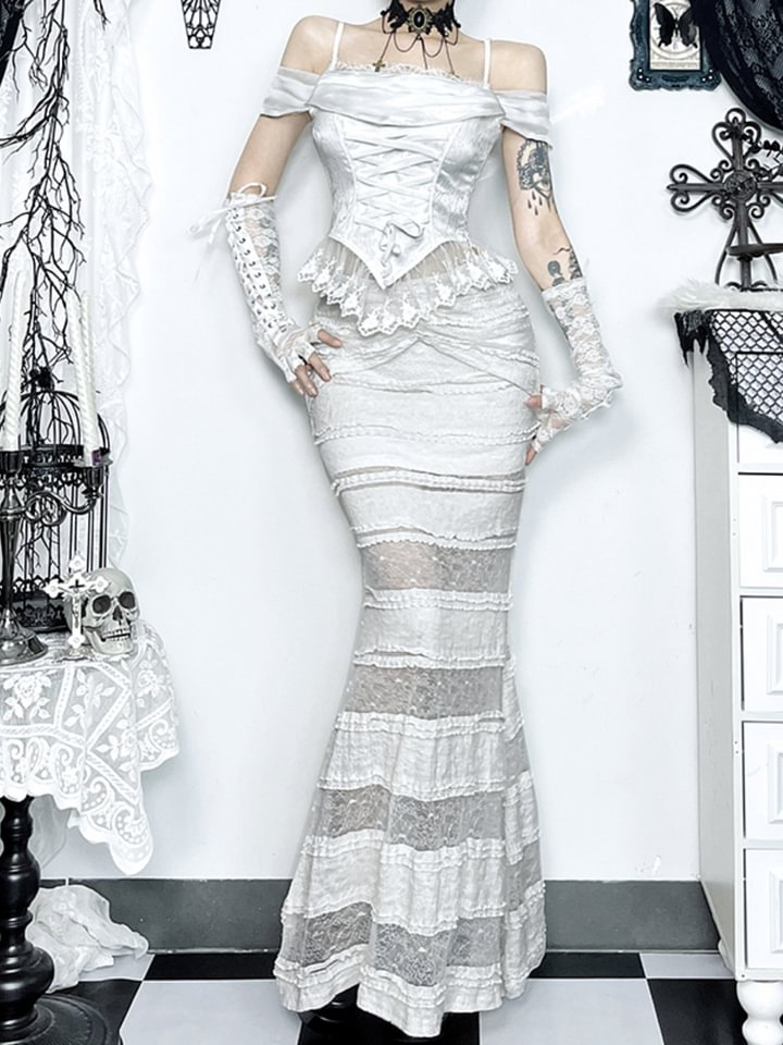 White Goth Dress Suit Women's Top Lace Fishtail Skirt Top Blouse