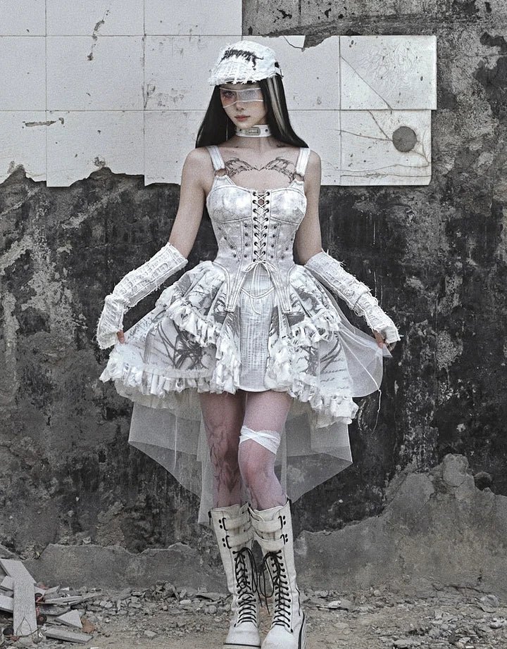 White Goth Lolita Fishtail Dress with Wasteland Distressed Details