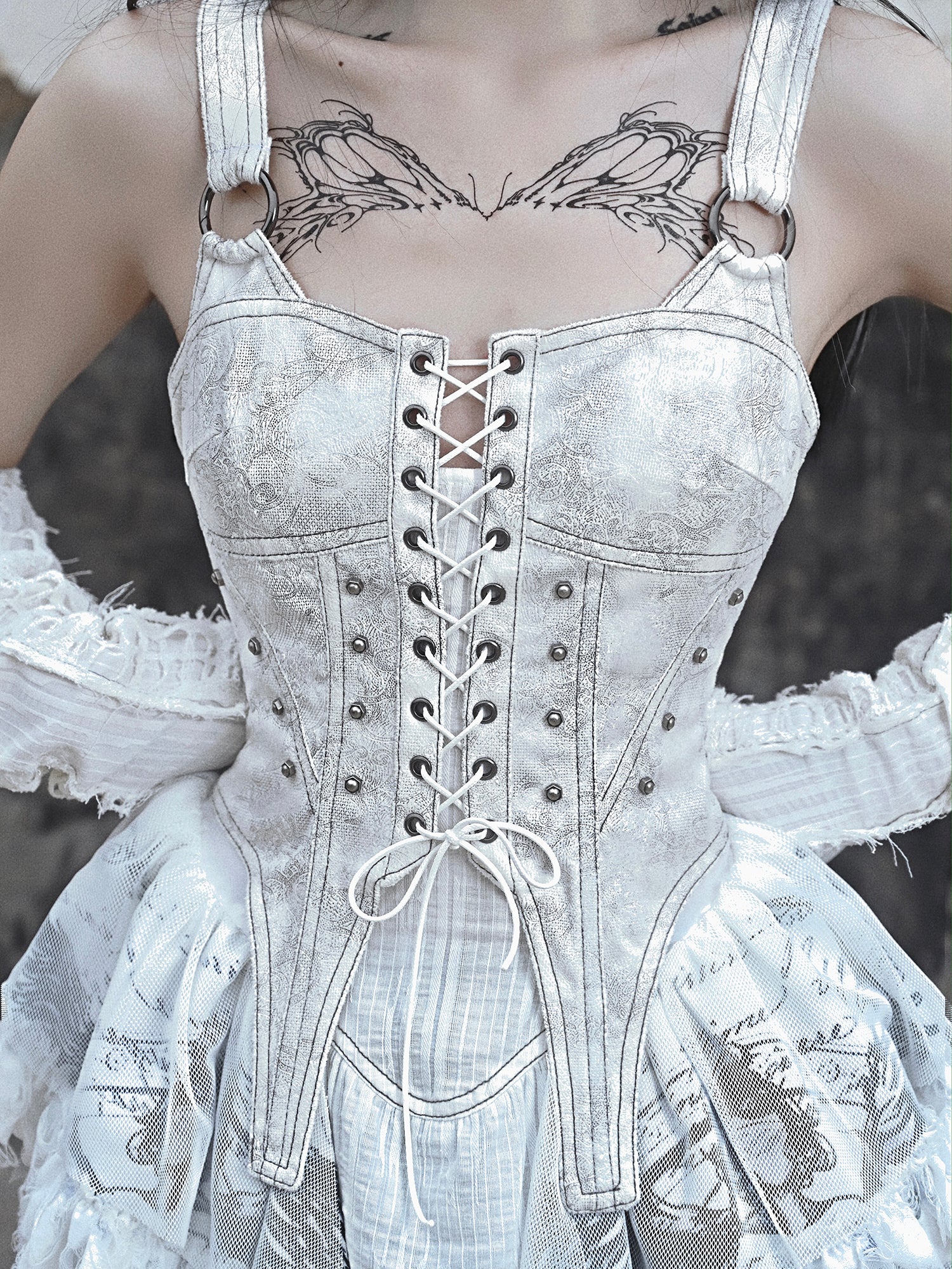 White Goth Lolita Fishtail Dress with Wasteland Distressed Details