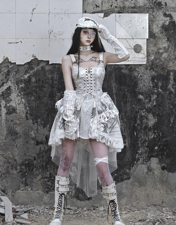 White Goth Lolita Fishtail Dress with Wasteland Distressed Details