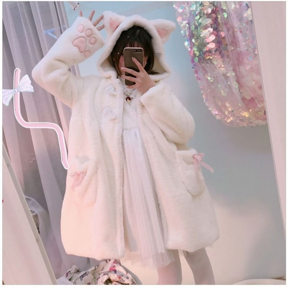 White Lolita Plush Thickened Japanese Small Autumn and Winter Cat Ears Cat Claws Cute Plush Coat