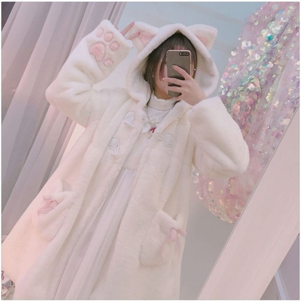 White Lolita Plush Thickened Japanese Small Autumn and Winter Cat Ears Cat Claws Cute Plush Coat