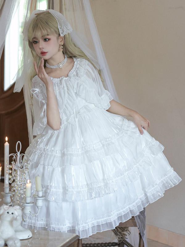 Hime Lolita White Wedding Bridal Short Sleeve Princess Style Polyester Party Dress
