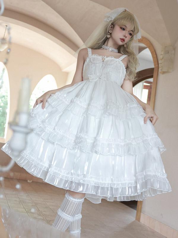 Hime Lolita White Wedding Bridal Short Sleeve Princess Style Polyester Party Dress