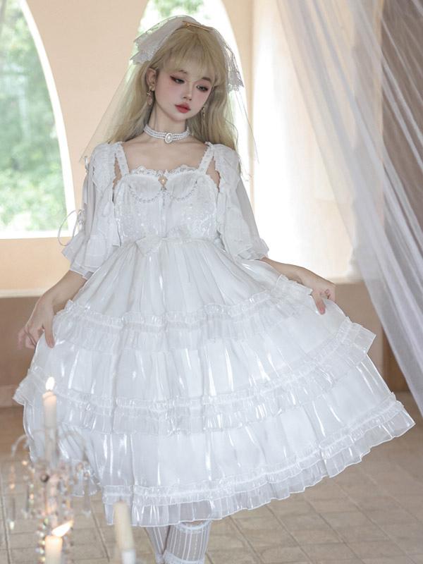 Hime Lolita White Wedding Bridal Short Sleeve Princess Style Polyester Party Dress