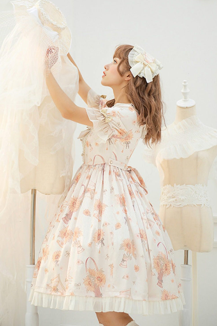 Ivory Miss Sunflower Short Sleeves Printed Ruffled Bow Sweet Lolita Dress