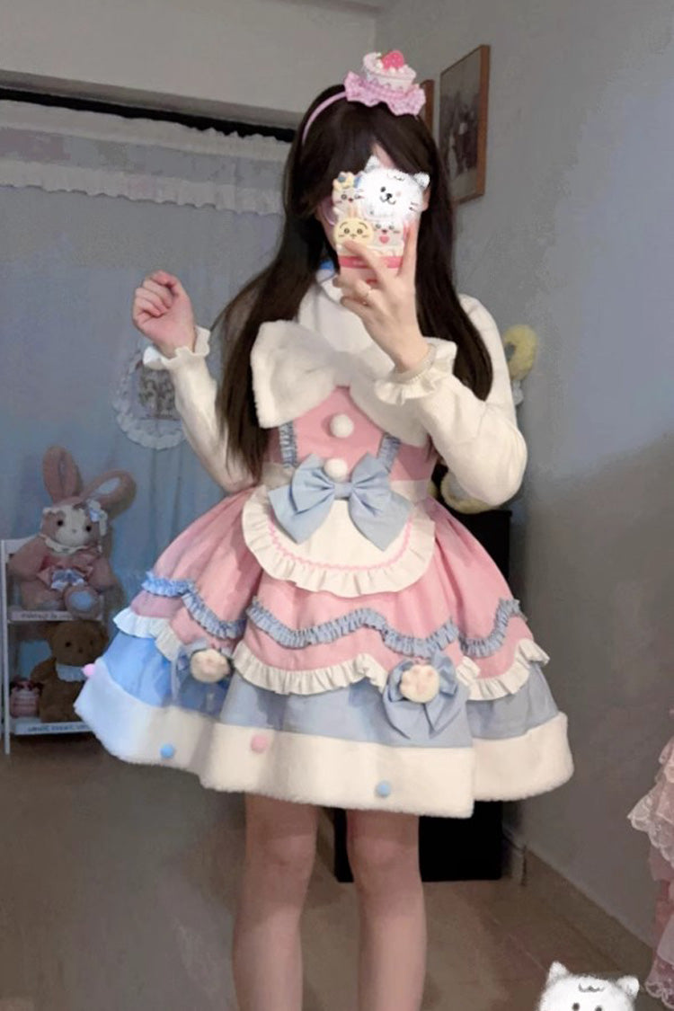 Cream Snow Cat Winter Ruffle Bowknot Sweet Lolita Jsk Dress 3 Colors
