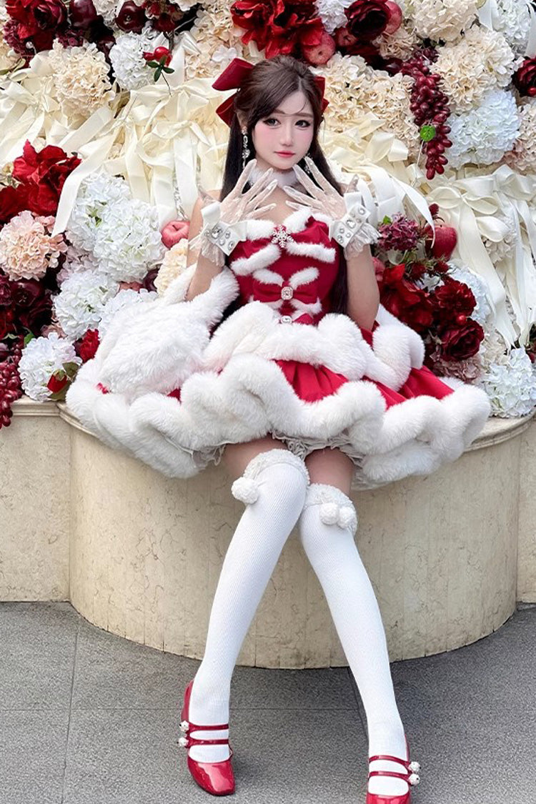 Red Holiday Double-Layered Bowknot Sweet Princess Lolita Strapless Dress