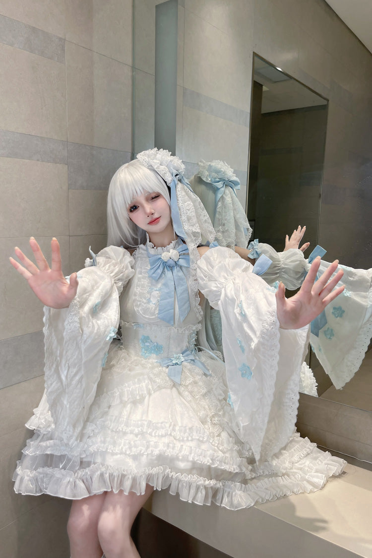 White Detachable Long Trumpet Sleeves Triple-Layered Ruffle Hanayome Bowknot Lace Sweet Lolita Dress