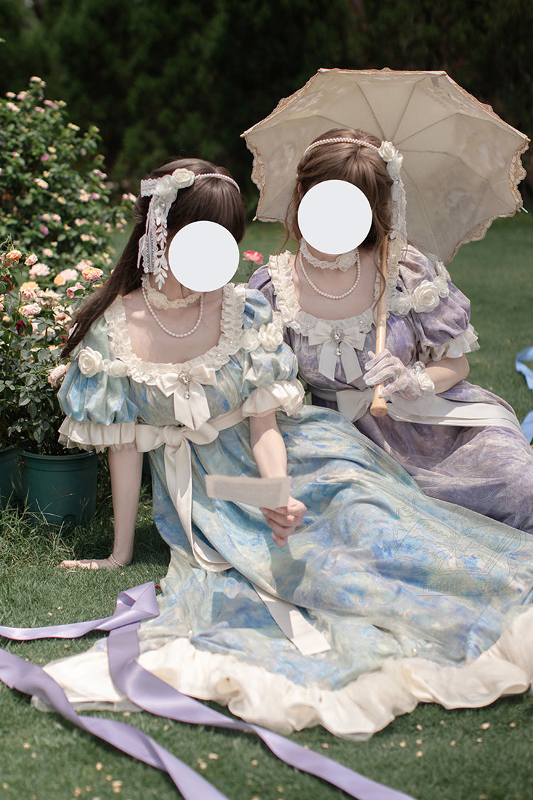 Purple Oil Painting Sun and Moon Poem Short Sleeves Print Ruffle Bowknot Sweet Princess Lolita Dress