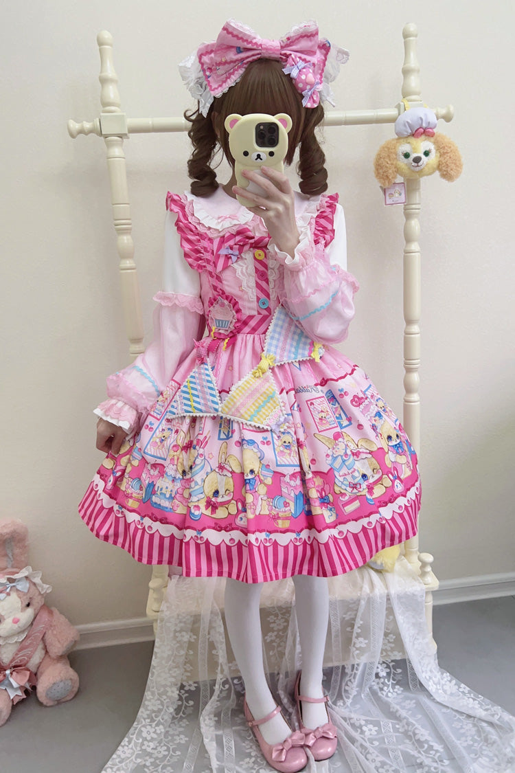 Bunny Pastry Chef Print Bowknot Gothic Japanese Lolita Jsk Dress 3 Colors