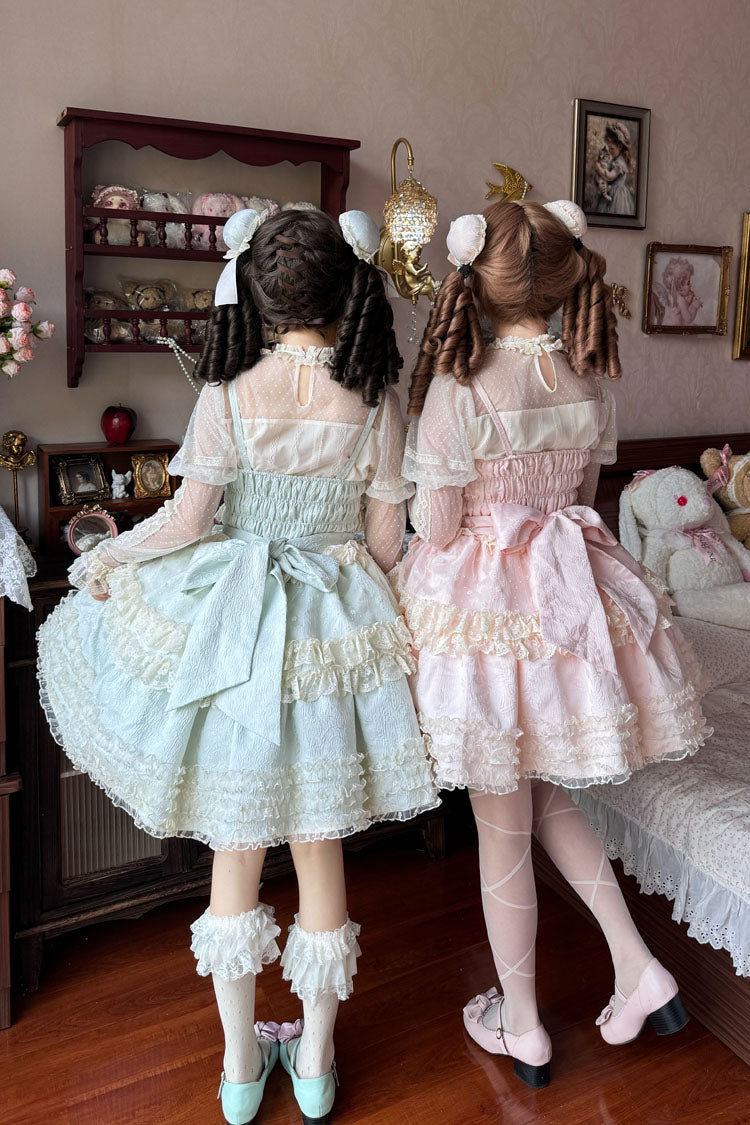 Good Night, Peach Sleeveless Multi-Layered Ruffled Bow Lace Sweet Chinese Style Lolita Jsk Dress 3 Colors
