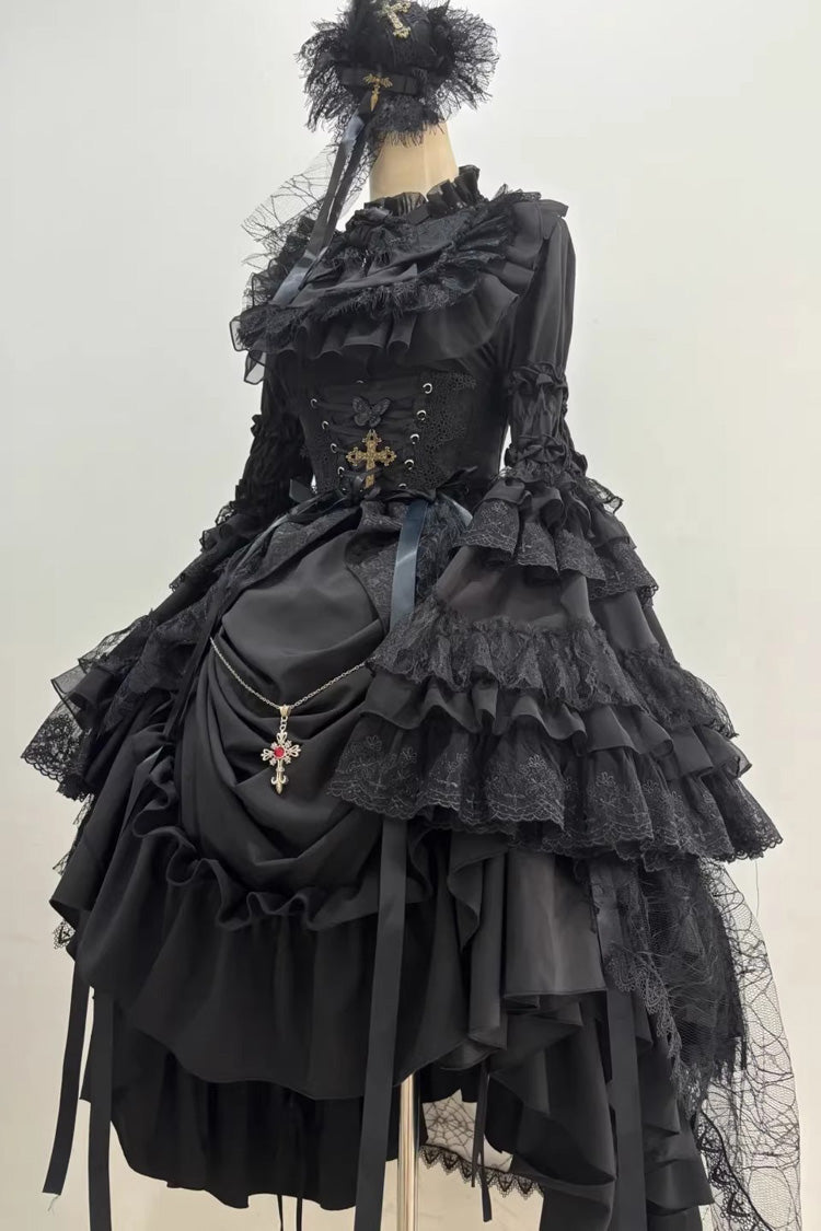 Black Eternal Taboo Long Hime Sleeves Ruffled Bow Gothic Lolita Skirt Dress Set